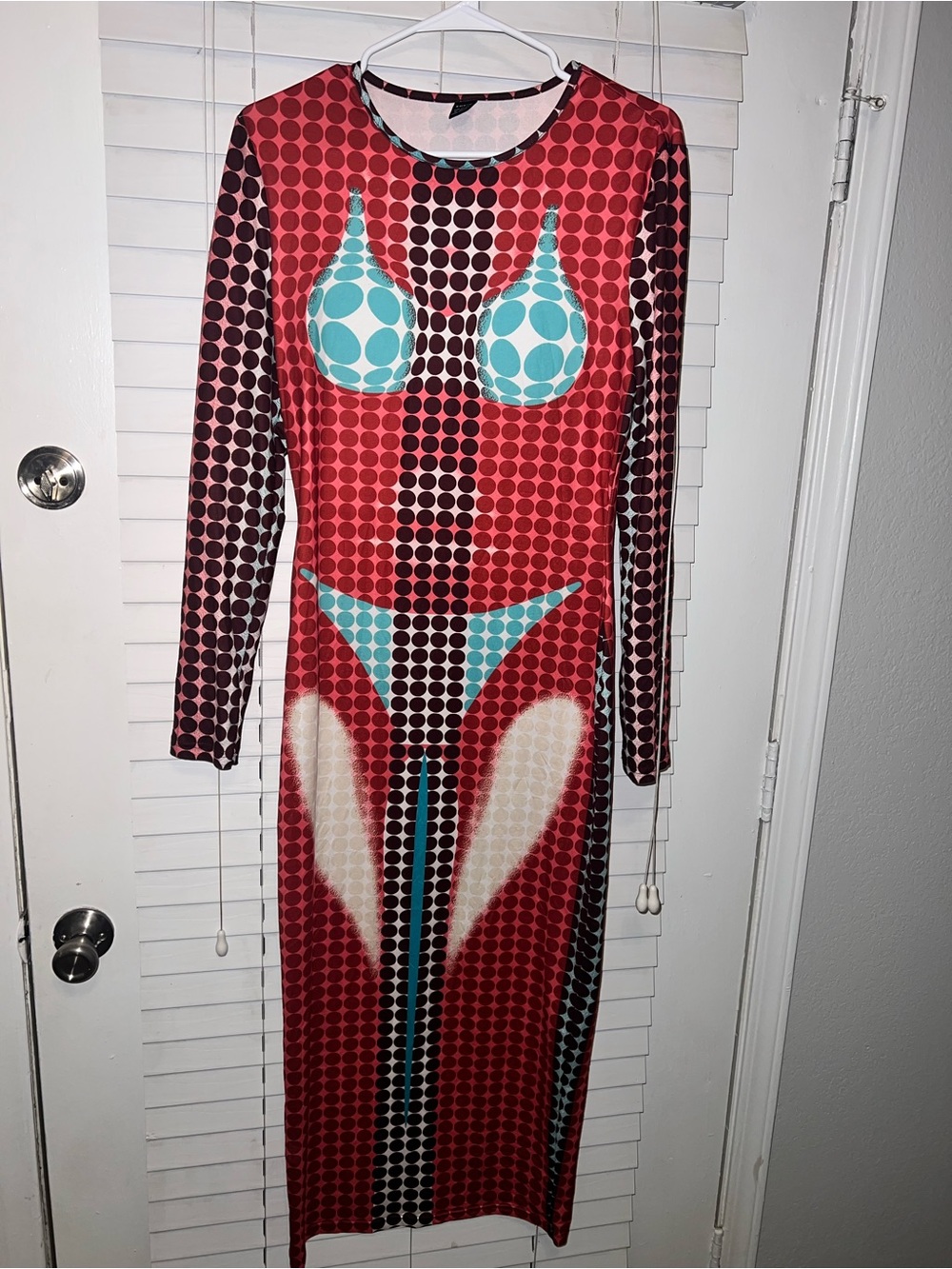 Graphic Dot Pattern Long Sleeve Bodycon Dress in Red & Teal